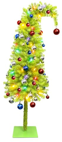 Árbol de Navidad de 1,52 m de altura – Árbol de Navidad flexible y caprichoso con luces LED de 4,8 m, base de metal y 50 bolas, decoración navideña para interior y exterior ((con bolas de colores))