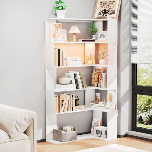 Saitedudu Bibliothèque à 5 étages avec éclairage LED, étagères d'angle en Bois, bibliothèques en L et vitrines pour Le Bureau à Domicile, Le Salon et la Chambre à Coucher (Blanc)
