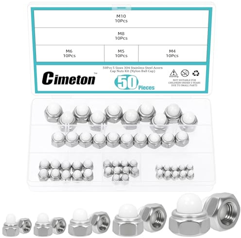 Cimeton 50PCS 5 Sizes Acorn Cap Nuts Assortment Kit Metric Silver Nylon Cap Nuts M4 M5 M6 M8 M10 Acorn Hex Cap Dome Head Nuts for Bolt Dome Head Hex Nuts