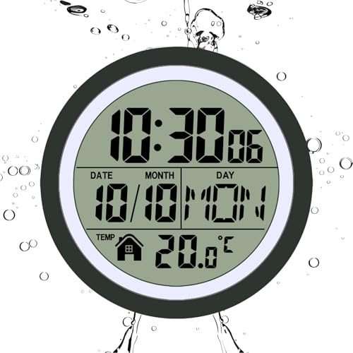 Reloj de pared para baño, reloj de batería con , accesorios de ducha impermeables con fecha de temperatura para oficina, spa, hogar, apartamento, cocina, dormitorio, piscina