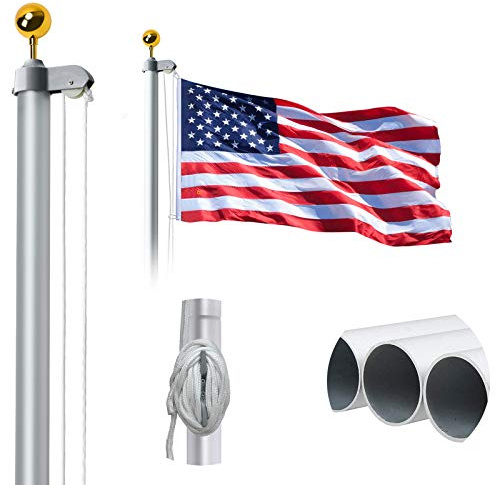WeValor 20FT Sectional Flag Pole Kit, 14 Gauge Extra Thick Heavy Duty Aluminum Outdoor In ground Flagpole for Residential or Commercial, Silver