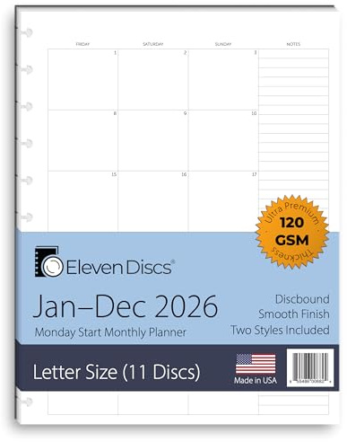 2026 Monthly Planner, Monday Start, Letter Size, 2 Styles (Separated, Booklet), Premium Discbound Notebook Paper for Circa, Arc, TUL (38 Sheets)