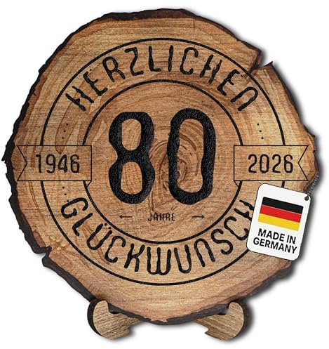 DARO Design – Baumscheibe mit Gravur für 80. Geburtstag – Geburtstags Geschenk aus Holz – Hochwertige Holz Geschenke mit Gravur ideal für Geburtstag – Dicke 6mm, Durchmesser 30cm – Made in Germany