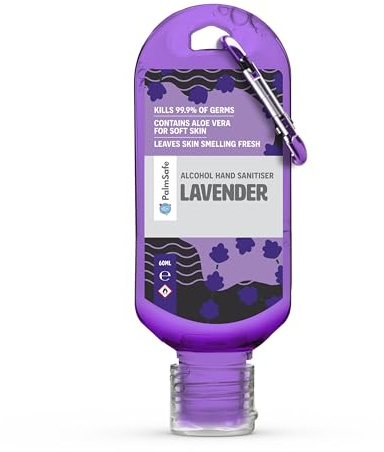Palm Safe Lavendar 60ml Anti Bacterial Premium Hand Sanitiser Travel Size Refillable Clip Bottle Quick Drying Non Sticky Extra Moisturising Kills 99.9% of Viruses and Bacteria