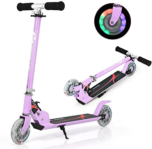 COSTWAY Trottinette Enfant Pliable avec Roulement ABEC-9 & 2 Roues Clignotantes 120mm, Trottinette Pro Enfants avec 3 Hauteurs Réglables & Béquille, Scooter, Charge 70kg pour 5-13 Ans
