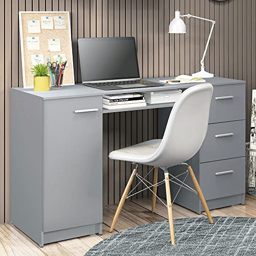 Madesa Computer Desk 53 Inch with 3 Drawers 1 Door and 1 Storage Shelf Ergonomic Wooden Home Office Gaming Writing Workstation Study Furniture - Grey