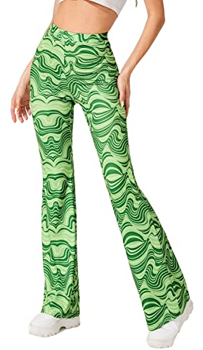 EVELUST Festival Flare Hosen Für Damen - 70er Jahre Outfit Hippie Kleidung Flower High Waist Breite Bein Flair Leggings Rave Disco Kostüm Palazzo Schlaghose Sommer Bell Bottom(Green, XS, 1040w)