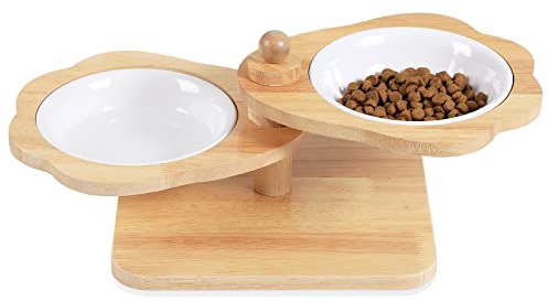 SCHITEC Ciotole Rialzate per Gatti, Supporto Rialzato per Cani e 2 Ciotole Dense di Amine, Mangiatoia per Animali Domestici in Legno con Cibo e Acqua, Ideale per Gatti e Cuccioli (2 Ciotole)