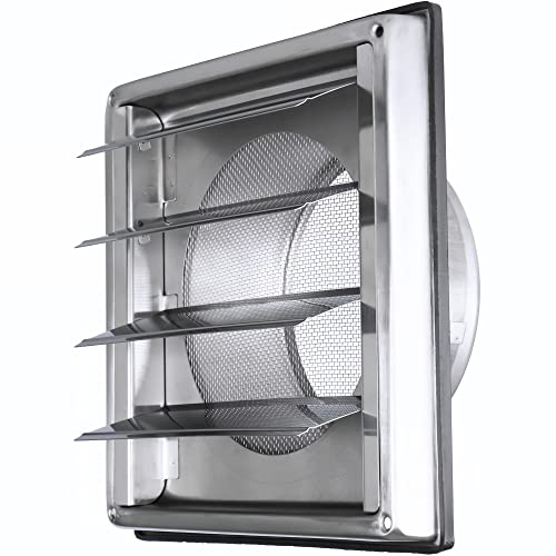 Grille ventilation 100mm Inox à Lames Mobiles - Filet Anti Insectes - Résistante Intempéries - Grille Aération Anti-Retour Automatique - Hotte/Extracteur/VMC - Intérieur/Extérieur - 148x148mm - DOMUX