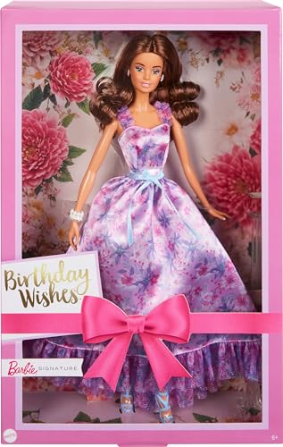 Barbie Signature Birthday Wishes Puppe, Sammlerpuppe in satiniertem lila Kleid mit gewelltem braunem Haar und Geschenkverpackung, HRM55