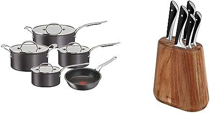 Bundle of Tefal Jamie Oliver Cook’s Classics Pots & Pans Set, 5 Pieces, Non-Stick, Oven-Safe, Induction, Glass Lids, H9125S44 + Kitchen Knives Set, 5 Pieces, Knife Block, Stainless Steel, K267S556