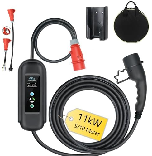 Generic Mobile Wallbox 11kW mit Schuko Adapter auf CEE 16A Stecker Rot, 5 Meter Typ2 Ladekabel, Display, Regelbar 8/10/13/16 A, für alle E-Autos und PHEV mit Tasche & Wandhalterung