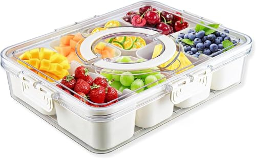 RIREKIS Divided Serving Tray with Lid and Handle,Snackle Box Container mit 8 Compartments Clear Serving Platters and Trays,Snack Platters for Veggie Fruits Snacks Nuts, for Picnic Party Travel.