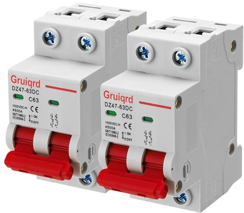 2 Stück Pv Sicherungsautomat DC 1000V 63A 2 Polig DZ47-C63 Solar Leitungsschutzschalter Trennschalter Schutzluftschalter Schutzschalter für Photovoltaik-Systeme