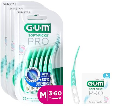 GUM SOFT-PICKS PRO Interdentalreiniger | gebogene Form für leichten Zugang zu schwer zugänglichen Stellen | sanfte Wirkung für empfindliches Zahnfleisch [M - 3x60] (+1 Gratisprobe)