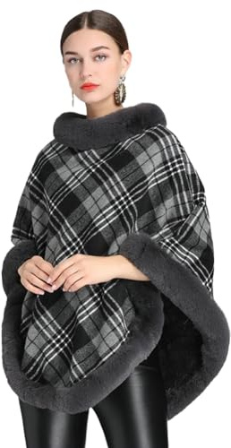 EMGILL Poncho pour femme - Pull à carreaux - Cape épaisse en fausse fourrure - Châle tricoté - Manches chauve-souris - Pull d'hiver en laine, Gris foncé., Medium