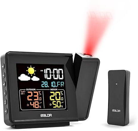 Zhwidnerso Station Meteo Sans Fil avec Capteur Extérieur, Radio Reveil Projection Plafond, LCD Station Météo Thermometre Interieur Exterieur, avec Temps, Prévisions Météorologiques, Réveil