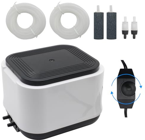 HUIXHAO 2 Air Outlets Silent Powerful Adjustable Fish Tank Aerator Pump Up to 260GPH 10W, Aquarium Air Pump Dual Outlet for Fish Tank 600Gallon,Aquarium Bubbler, Air Stones, Tubing, Check Valve