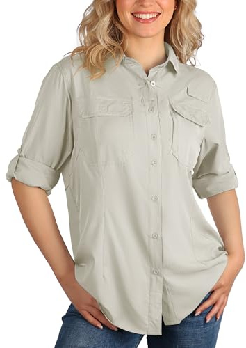 33,000ft Women's Safari Shirts Quick Dry Sun Protection Fishing Shirts Breathable Long Sleeve Hiking Shirt Blouses for Walking Camping Travel Light Khaki L