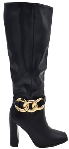 Stivale Donna Alto Morbido in Pelle Nera con Tacco largo10 cm Liscio con Catena Oro a Punta Quadrata Altezza Ginocchio (40 EU)