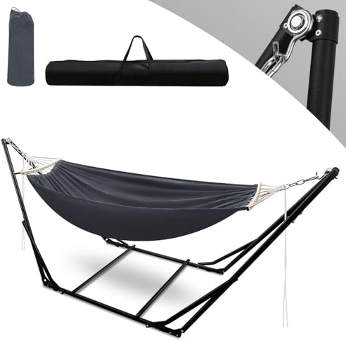 Ollewiellan Hamac avec support, jusqu'à 150 kg, structure en métal, pliable, pour camping, jardin, piscine, balcon, avec sac de transport, structure en métal