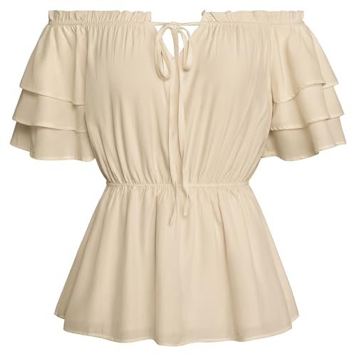 Scarlet Darkness dam renässans traditionell blus medeltida axellös volangblus, kaki, S