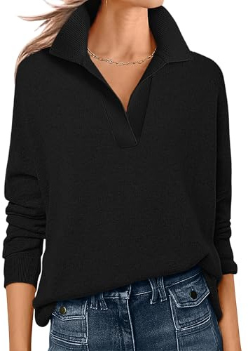 ANRABESS Womens Polo V Neck Long Sleeve Sweaters Lightweight Dressy Casual Business Basic Knit Pullover Top 2025 Fall Outfits Black Small