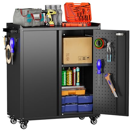 SUPEER Werkzeugschrank mit Rollen und Hände, 87x66x35cm,Pegboard und 4-Haken,Metallschrank mit 2 Türen und verstellbaren Einlegeböden, Schrank aus Stahl, abschließbar für Garage, Haus und Büro,schwarz