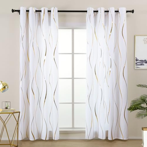 L.Z.E Cortinas con protección visual dorada, cortina con ojales transparente, cortinas blancas y doradas para salón, dormitorio, ventana, juego de 2 cortinas con ojales de 245 cm de largo