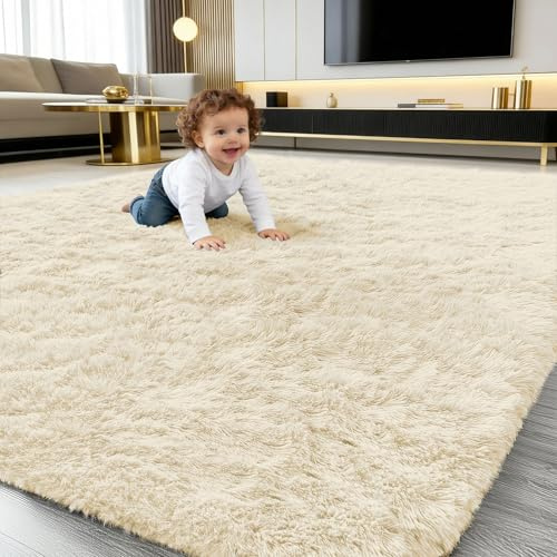 smiry Alfombra de pelo largo, mullida, lavable, parte inferior antideslizante, grande, moderna, acogedora, para pasillo, salón, habitación infantil, dormitorio, color beige, 160 x 220 cm