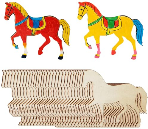 HTTDSLF 30 Pezzi Forma di Cavallo in Legno, Set Fai Da Te Animali in Legno, Dischetti Legno Decorativo, Figure per Dipingere, Artigianato, Stampi e Fette, per Fai Da Te, Etichette Regalo