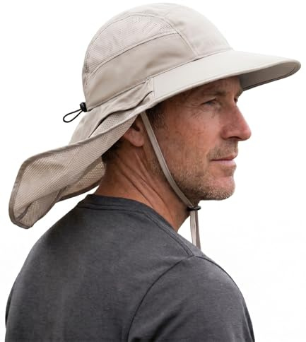 Hat Hut Cappello da sole ultraleggero con patta per il collo, UPF 50+, tesa larga, traspirante, per escursionismo, pesca, da uomo, Beige, Taglia unica