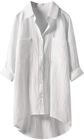 Generisch Camisa de lino para mujer, blusa de lino para verano, algodón, cuello en V, blusa oversize, túnica, manga larga, holgada, tiempo libre, Boho A48
