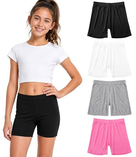 SCCGKP 4 Pack Girls Cycling Shorts Comfortable Dance Bike Gymnastic PE Shorts Breathable Under Dress Leggings for Teen Kids Age 4-14 (13-14 Years, Black+Grey+White+Rose)