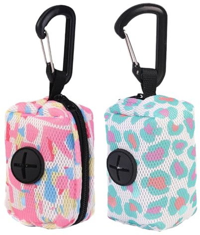 Lot de 2 Distributeurs Sac à Crottes Chien en Maille Respirante, Support Sac à Déjections Canines avec Mousqueton, Porte-Sac Mains Libres à Fixer sur Laisse pour Promenade Extérieure et Voyage