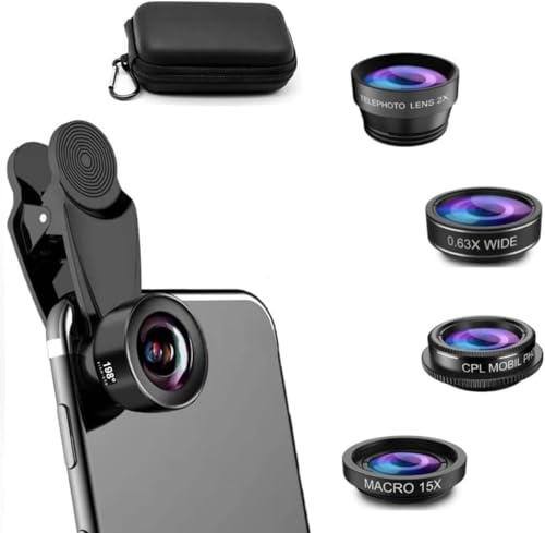 Bailonda 5 en 1 Objectif téléphone, lentille Smartphone,Objectif Fisheye 198°,Objectif Macro 15X+ Grand Angle 0.63,CPL/2X Téléobjectif pour la Plupart des Smartphones (Noir)