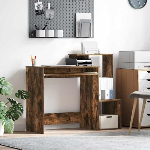 Ziaphsol Skrivbord rökt ek av trämaterial 106 x 41 x 88,5 cm med låda och hylla, datorbord, kontorsbord, hemmakontor arbetsplats, utrymmesbesparande, ergonomisk