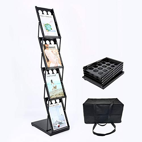 Polmart 4-Tier Brochure Literature Display Floor-Stand Rack with Adjustable Pockets. Portable Collapsible Design with Carry Bag for Trade Shows, Offices, Retail Stores (Black)