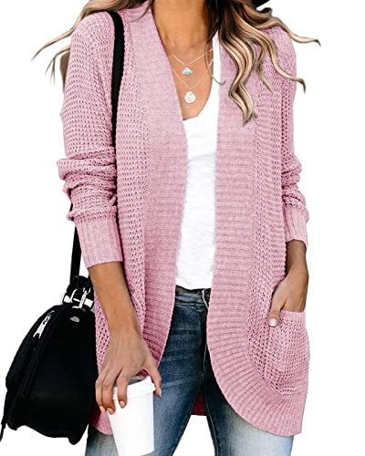 Cárdigan holgado Saodimallsu de frente abierta para mujer, abrigo casual de manga larga, punto suave y ligero con bolsillos, Rosa, M
