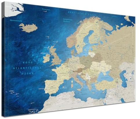 LANA KK - Premium Pinnwand Europakarte - Meerestiefe - Deutsch - in 100 x 70 cm, stabile Rückwand zum Pinnen inkl. Starterkit - Leinwand-Kunstdruck Wandbild Landkarte XXL