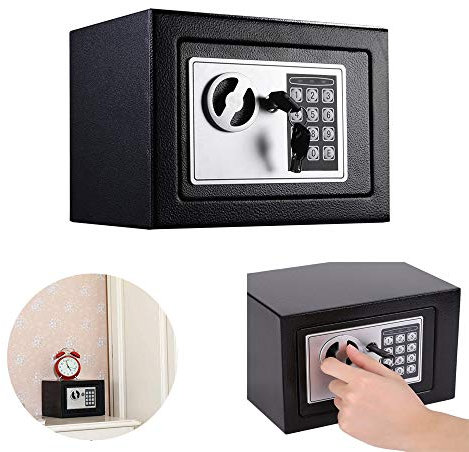 Coffre Fort avec Serrure Électronique, 4,6L Petit coffre-fort pour bureau à domicile, Coffre Fort Mural avec Code PIN et 2 Clés d'urgence, Fixations Murales et au sol, 170 × 230 × 170mm, noir