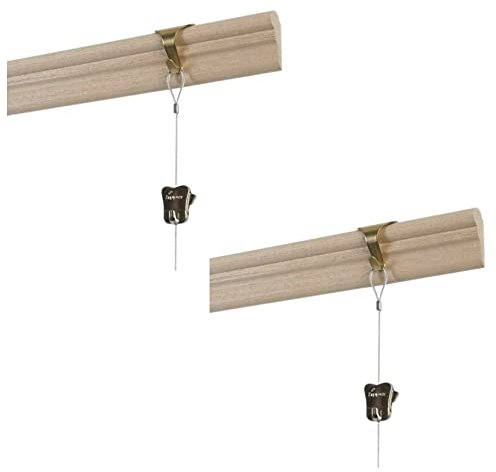 Picture Hanging Brass Moulding Hooks with Perlon Clear Cable Cord & Zipper Hooks Traditional Dado Rail Hook for Hanging Picture Frame Art Work Frame Cable Wire Rope Kit Pack of 2.