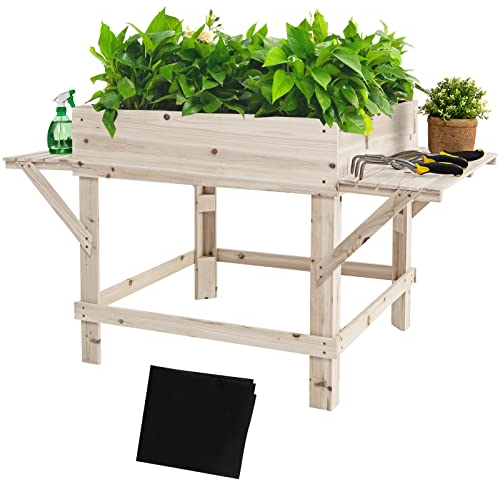 COSTWAY Hochbeet mit 2 Seitenablagen, Pflanzkübel aus Holz, Pflanzkasten Blumenbeet Kräuterbeet, Pflanztrog Bausatz für Gemüse, Pflanzbeet groß Anzuchtbeet, für Garten Balkon Terrasse