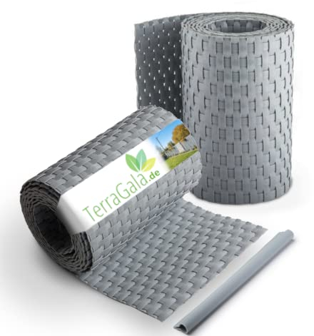 TerraGala 2er Pack Rattan Sichtschutz-Streifen, Sichtschutz für Stabmattenzaun, Flechtoptik, 255 cm x 0,4 cm x 19 cm, inklusive Befestigungsclips (2, Hellgrau)