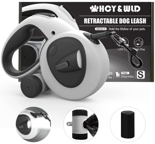HCY&WLD Upgrade 4-in-1 Retractable Dog Leash with LED Light & Dispenser & Poop Bags, 16 ft Heavy Duty Dog Leash with Anti-Slip Handle for Dogs up to 44 lbs, 360° Tangle-Free, One Button Brake & Lock