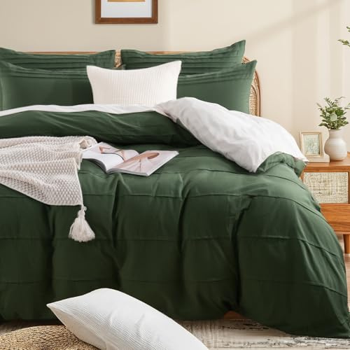 NEXHOME PRO 100% Organic Cotton Duvet Cover King Size, Pleated Textured Duvet Cover Set Forest Green, 3pc Bedding Set with Zipper Closure, Soft Lightweight and Breathable,104x90, No Comforter