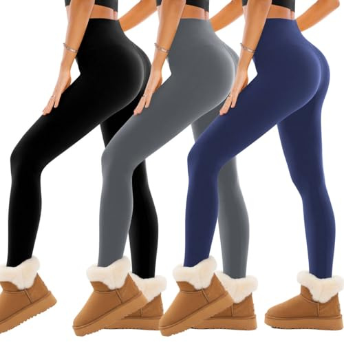 SINOPHANT Fleece Lined Leggings for Women, Soft Elastic High Waisted Thermal Warm Winter Thick Yoga Pants(Black/Navy/Grey Fleece Lined, S-M)