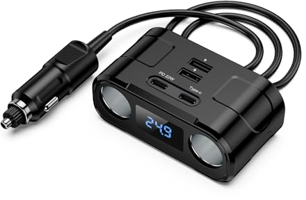 Ankilo 6 in 1 Zigarettenanzünder Verteiler Auto Adapter KFZ Ladegerät 2 Steckdose 12V/24V Mehrfach Splitter DC mit LED Voltmeter 2 USB Anschlüsse PD Auto Ladegerät Adapter für GPS/Dash Cam/Telefon