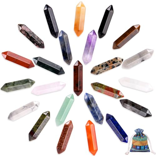 OSDUE 24 Stück Heilende Kristalle Steine Sets, Sechseckige Heilkristalle, Natürliche Bunte Kristallsteine, Reiki Meditation Edelsteine, Chakra Steine Amethyst Tigerauge Obsidian Rosenquarz Anhänger