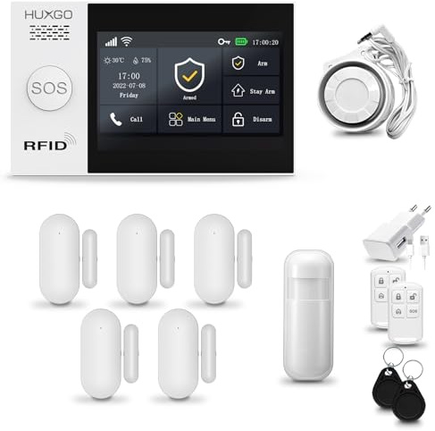 HUXGO® HXA007 Funk Alarmanlage Set WiFi + GSM 4G mit Sirene | Alarm System mit Bewegungsmelder, 5X Tür- Fenstersensor, Fernbedienung | Wohnmobil Alarmanlage | Smart Home Security